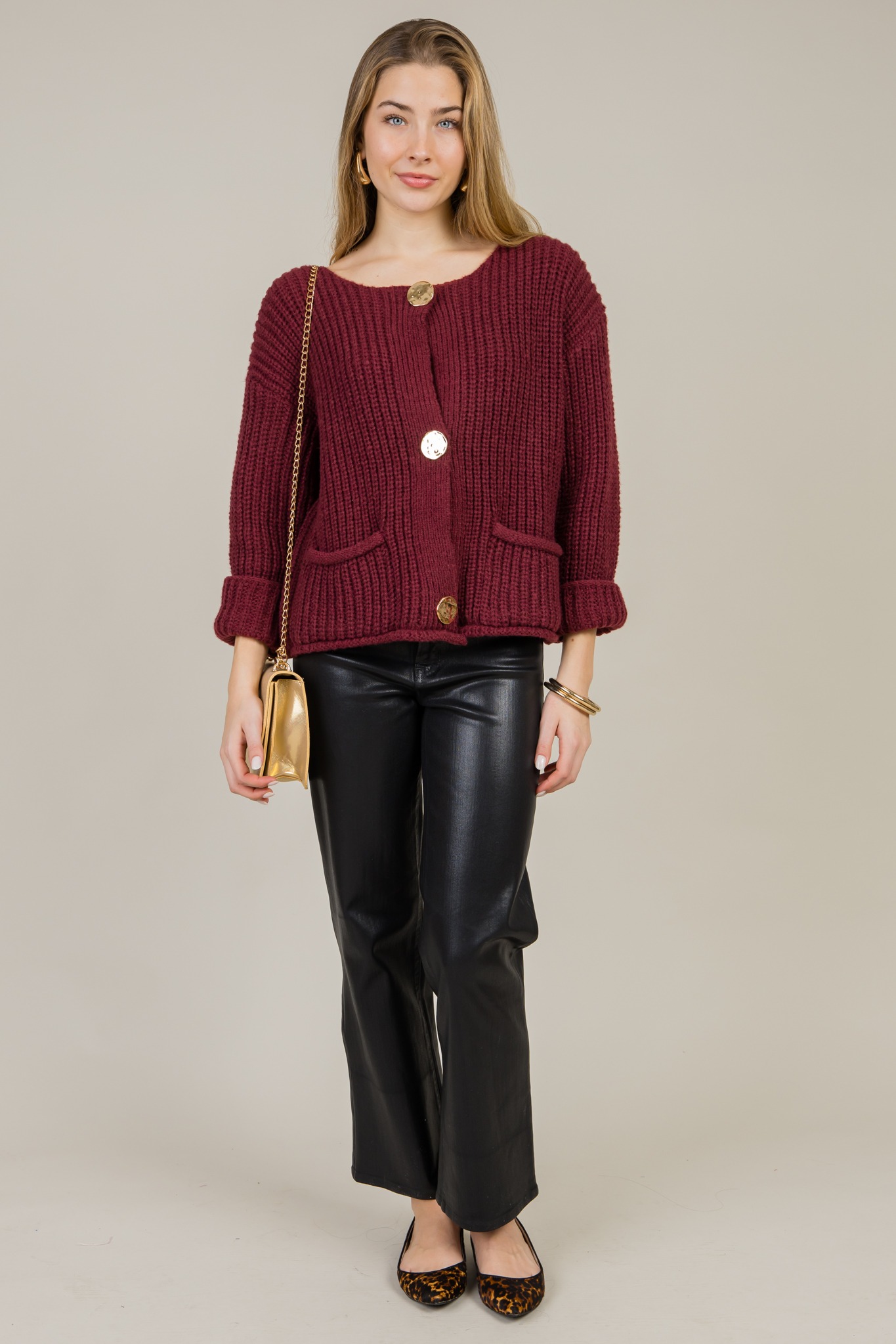 Hammered Button Cardi, Burgundy