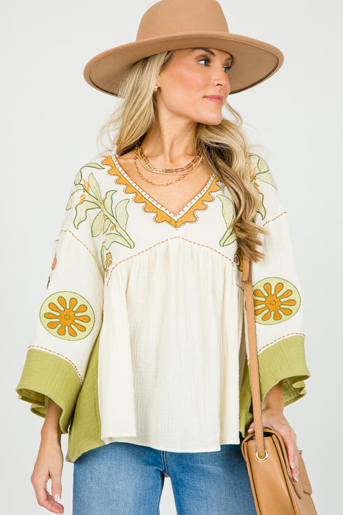 Embroidery Gauze Top, Natural Sage New Arrivals The Blue Door Boutique