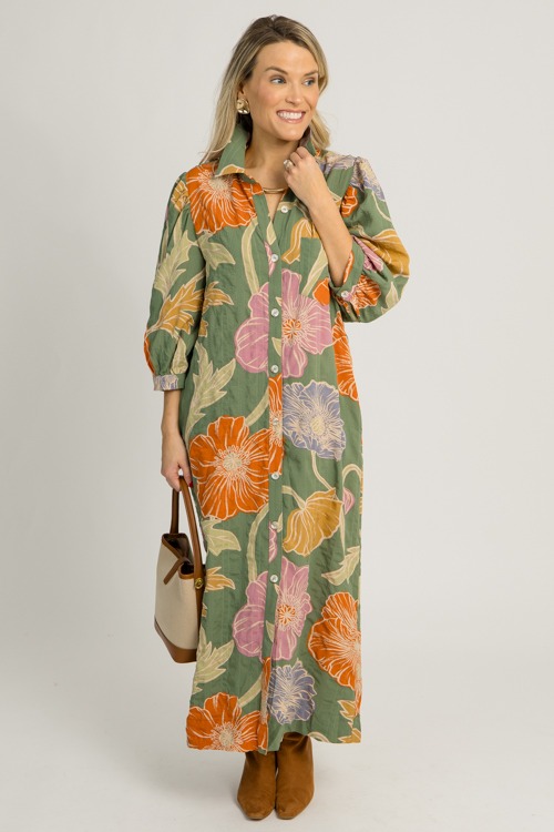 Floral Shirt Dress Maxi, Dark Sage - 1218-38h.jpg
