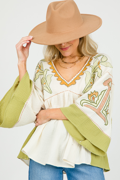 Embroidery Gauze Top, Natural Sage New Arrivals The Blue Door Boutique
