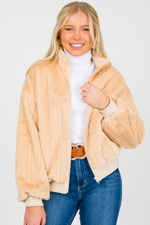 Stripe Texture Fur Jacket, Taupe