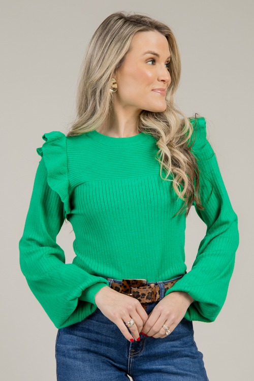 Ruffle Shoulder Rib Sweater, Kelly Green