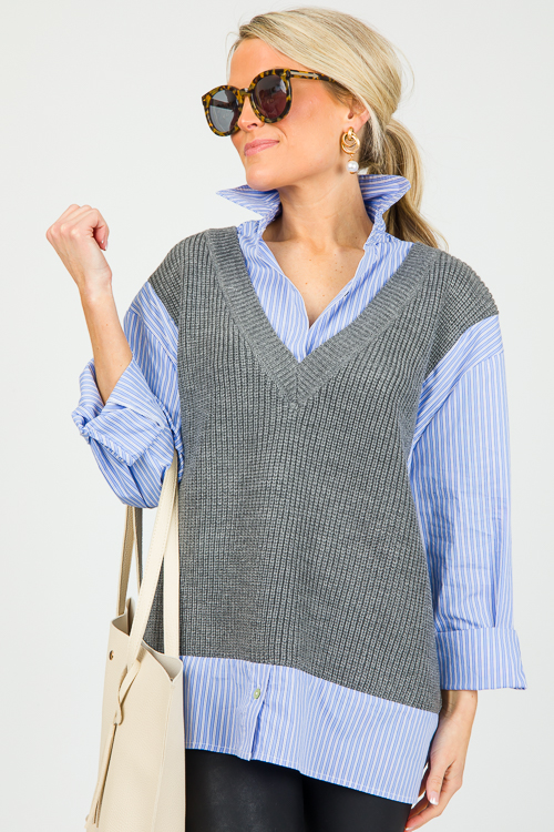 Layered Stripe Shirt Sweater, Grey