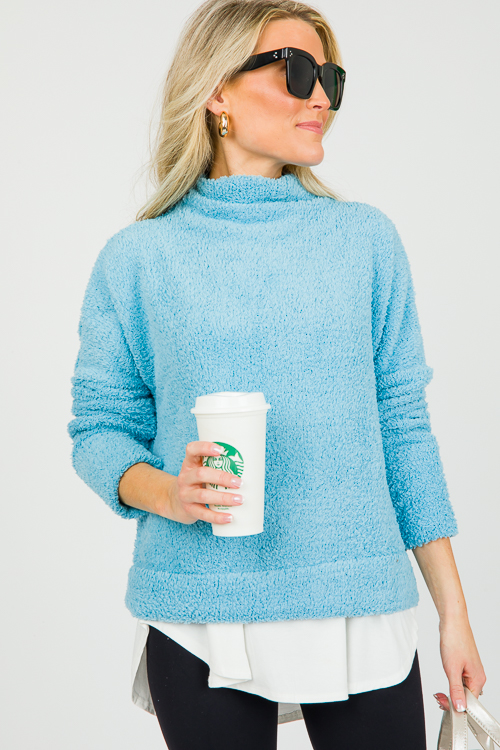 Fuzzy Soft Mock Pullover, Blue