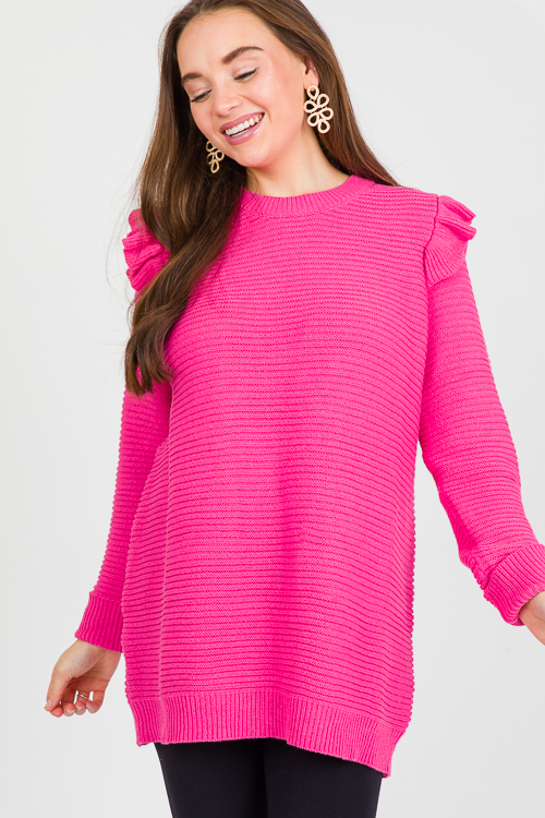 Ruffle Shoulder Tunic Sweater, Hot Pink