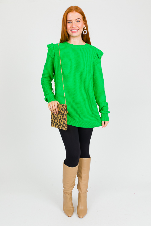 Ruffle Shoulder Tunic Sweater, Green