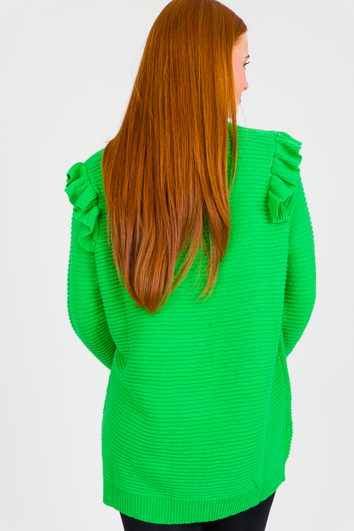 Ruffle Shoulder Tunic Sweater, Green