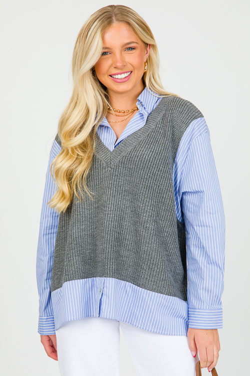 Layered Stripe Shirt Sweater, Grey
