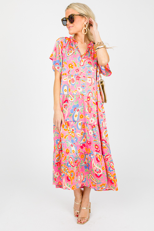 Paisley Floral Midi, Hot Pink