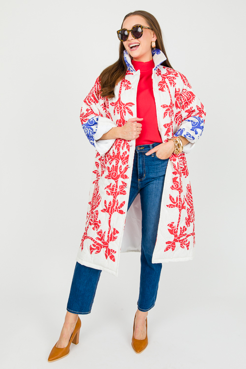 Quilted Long Print Jacket, Blue