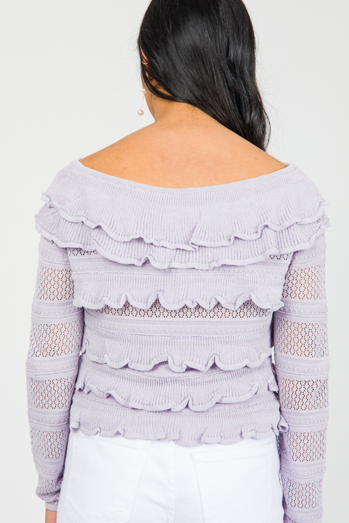 Ruffle Off Shoulder Sweater, Dusty Lavender