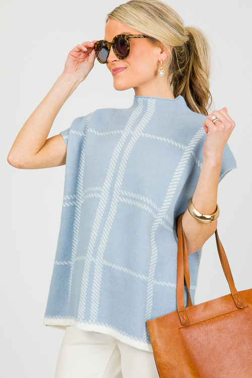 Plaid Sleeveless Sweater, Lt. Blue