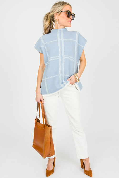 Plaid Sleeveless Sweater, Lt. Blue