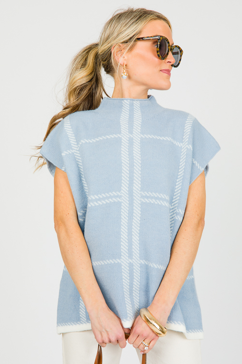 Plaid Sleeveless Sweater, Lt. Blue