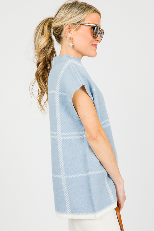 Plaid Sleeveless Sweater, Lt. Blue