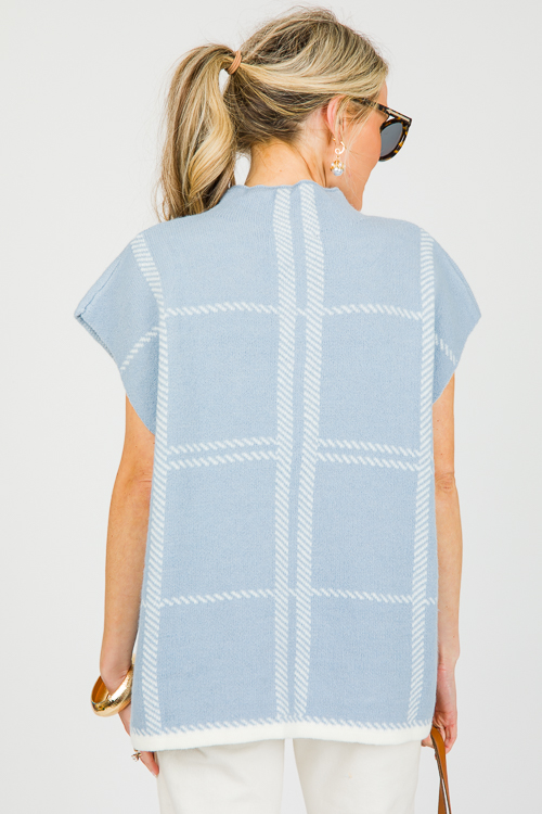 Plaid Sleeveless Sweater, Lt. Blue