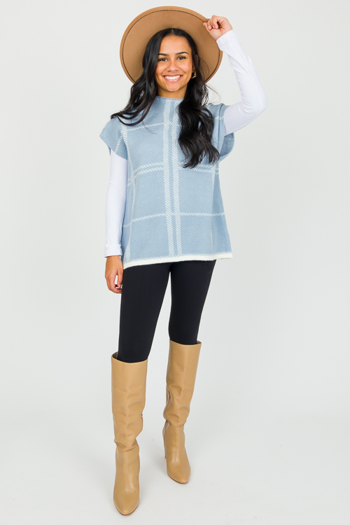 Plaid Sleeveless Sweater, Lt. Blue