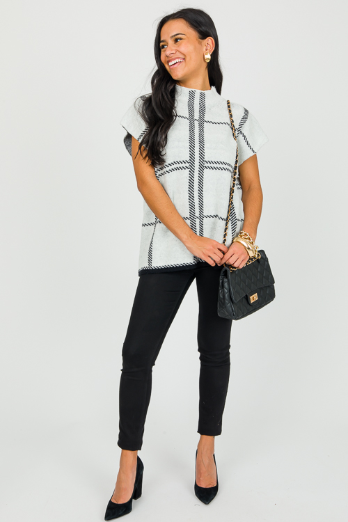 Plaid Sleeveless Sweater, Wht/B