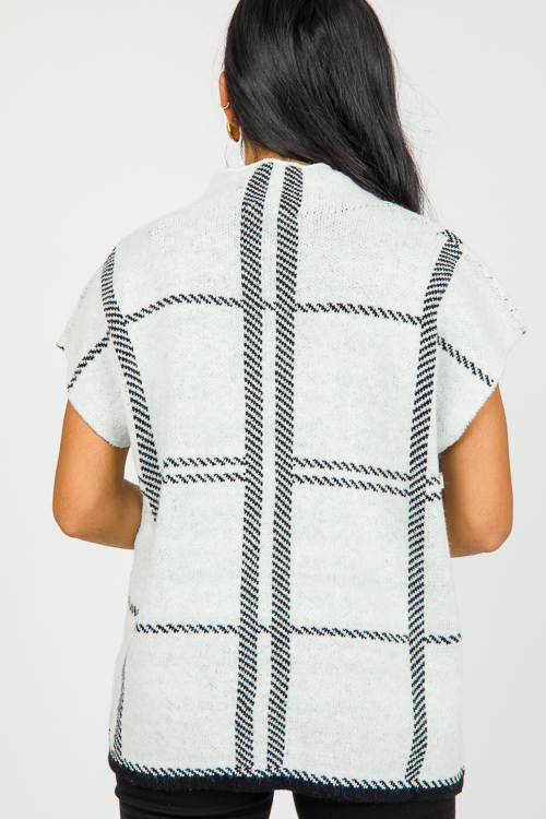 Plaid Sleeveless Sweater, Wht/B