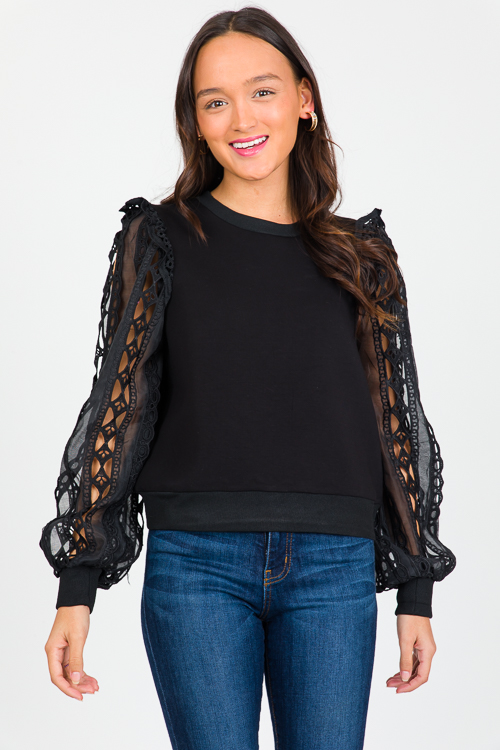 Crochet Sleeves Sweatshirt, Black - SALE - The Blue Door Boutique