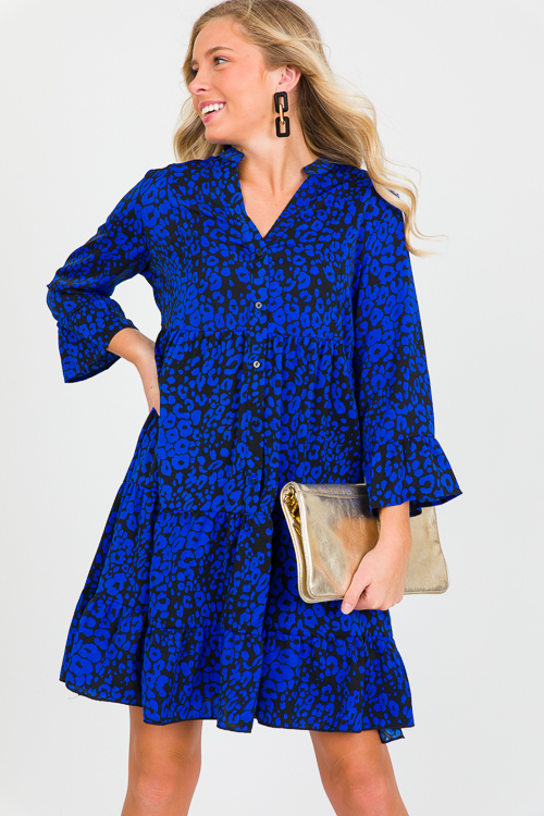 Electric Leopard Button Dress, Blue