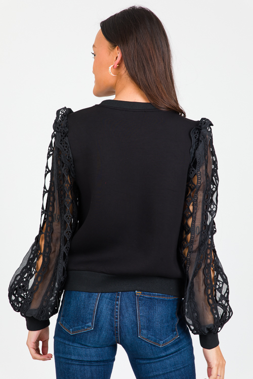 Crochet Sleeves Sweatshirt, Black SALE The Blue Door Boutique
