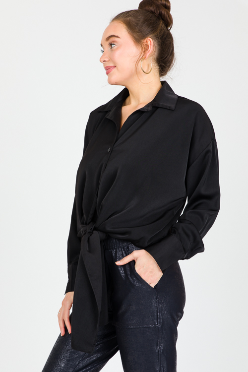 Tie Front Satin Shirt, Black