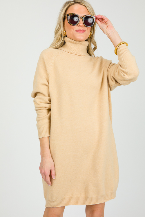 LS Turtleneck Sweater Dress, Beige