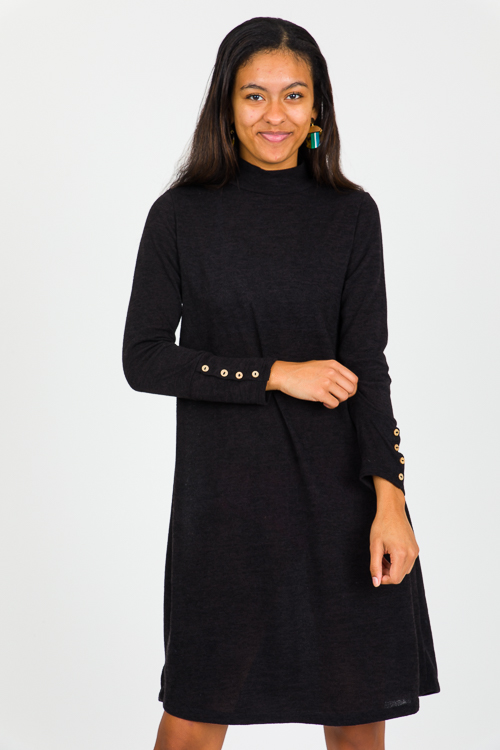 Button Cuff Knit Dress, Black