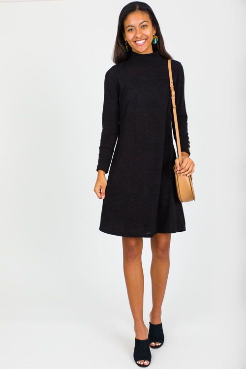 Button Cuff Knit Dress, Black