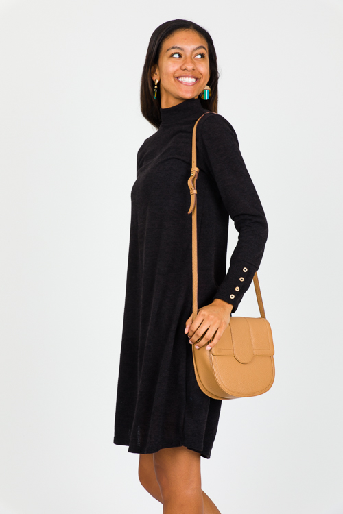 Button Cuff Knit Dress, Black