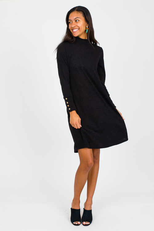 Button Cuff Knit Dress, Black