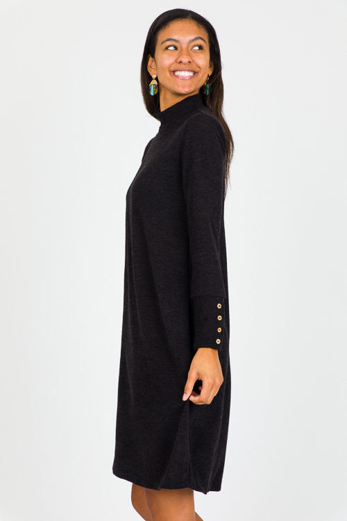 Button Cuff Knit Dress, Black