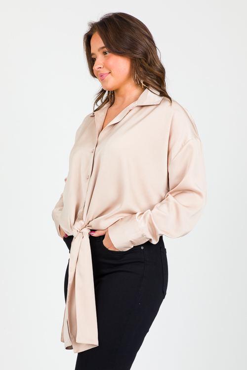 Tie Front Satin Shirt, Taupe