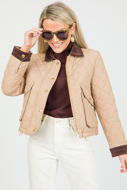Corded Trim Quilted Jacket, Khaki