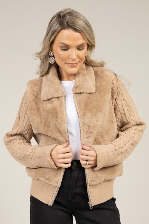 Cable Sleeve Fur Jacket, Taupe - 1230-103.jpg