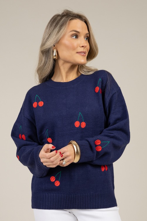 Cherry Embroidery Sweater, Navy