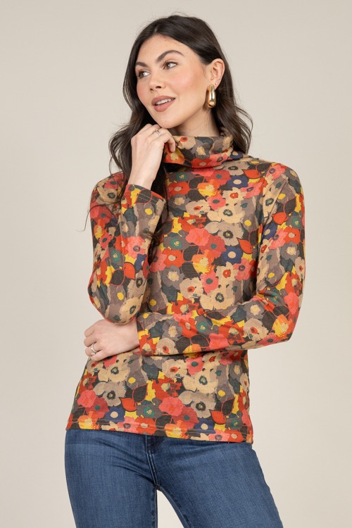 Floral Print Rib Turtleneck