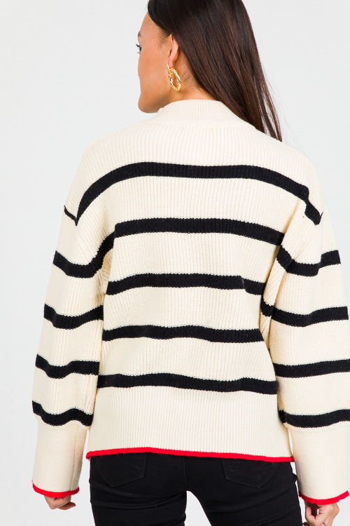Red Trim Stripe Sweater, Cream