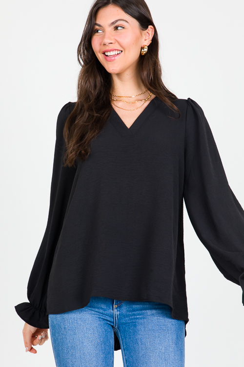 Ruffle Wrist Solid Blouse, Black