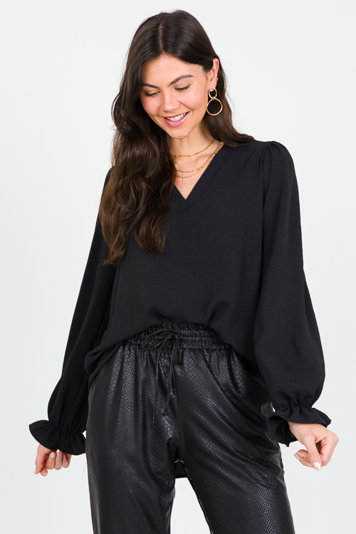 Ruffle Wrist Solid Blouse, Black