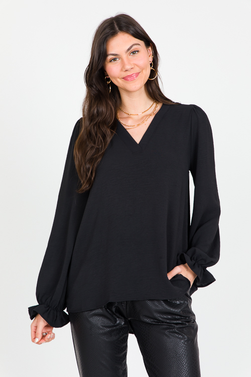 Ruffle Wrist Solid Blouse, Black