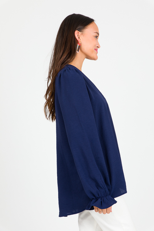 Ruffle Wrist Solid Blouse, Navy