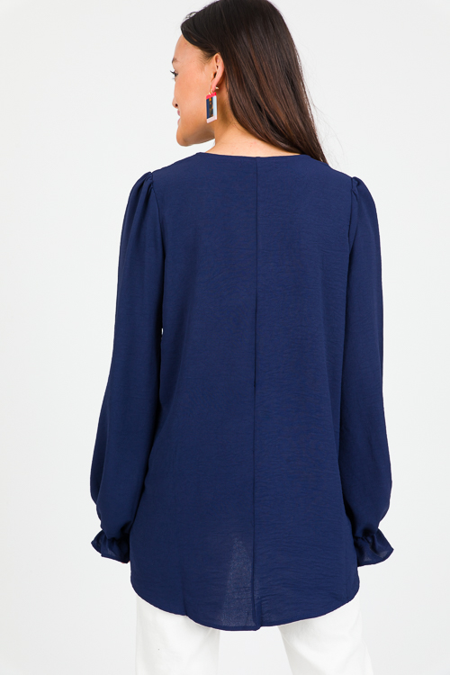 Ruffle Wrist Solid Blouse, Navy