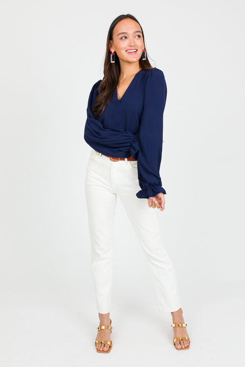 Ruffle Wrist Solid Blouse, Navy