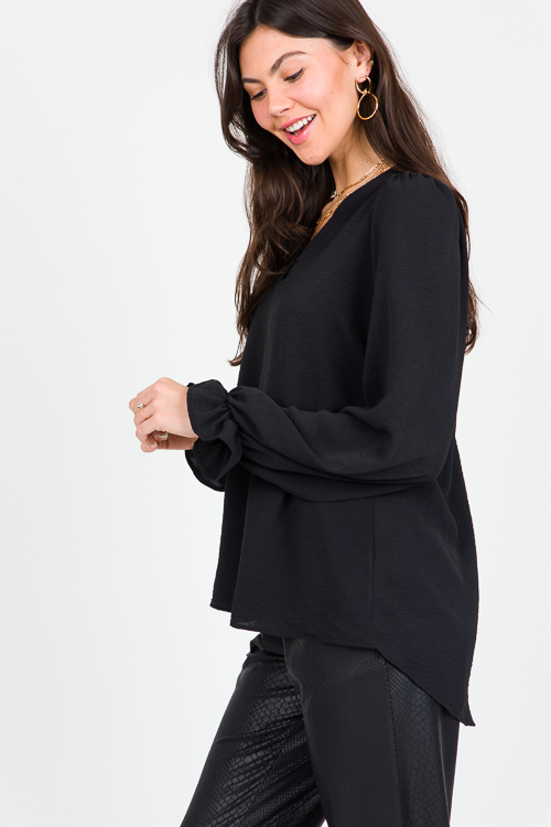 Ruffle Wrist Solid Blouse, Black