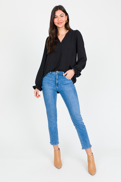 Ruffle Wrist Solid Blouse, Black