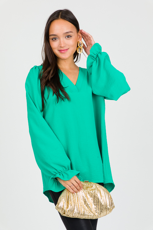 Ruffle Wrist Solid Blouse, Kelly Green