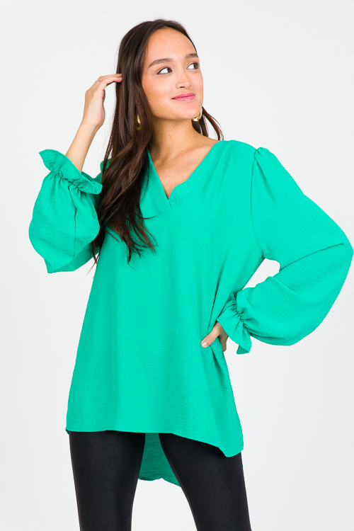 Ruffle Wrist Solid Blouse, Kelly Green