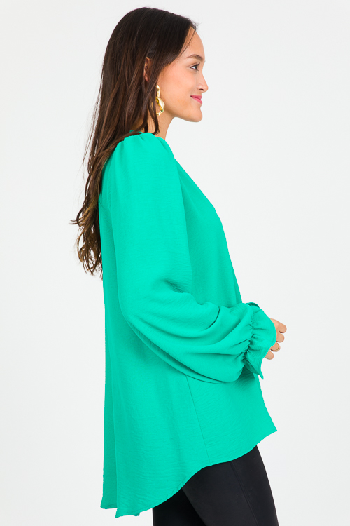 Ruffle Wrist Solid Blouse, Kelly Green